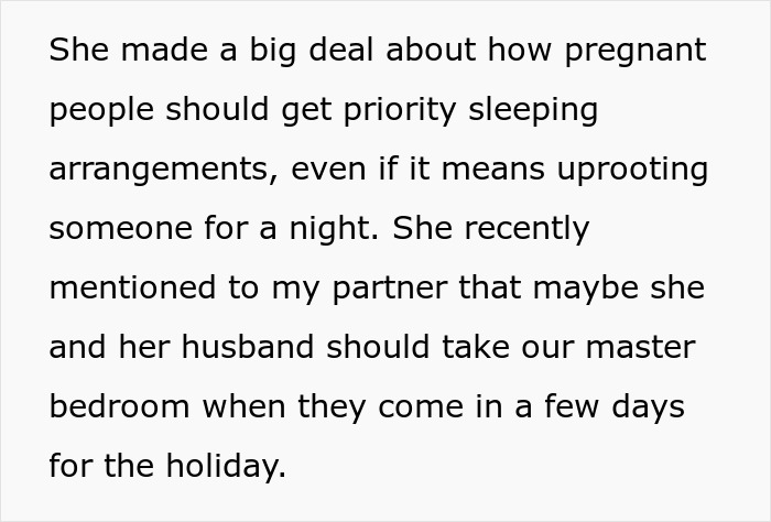 Pregnant SIL upset over sleeping arrangements after couple offers air mattress and calls dibs on their bedroom. Pregnant SIL upset over sleeping arrangements after couple offers air mattress and calls dibs on their bedroom.