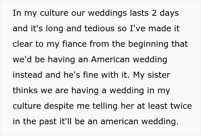 Text about sister wedding money culture describing a clash between traditional and American wedding preferences.