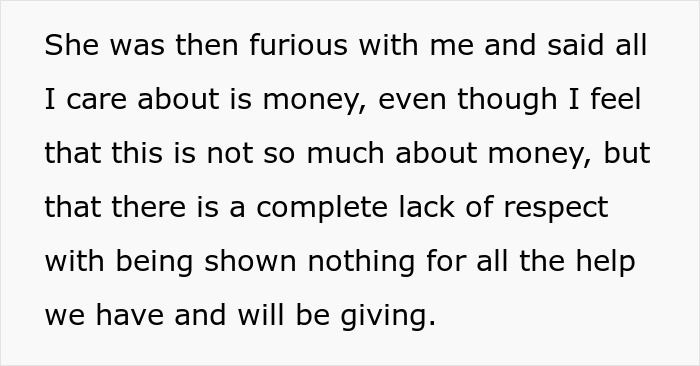 Text passage expressing frustration over lack of respect despite financial support for in-laws and future help promised. Text passage expressing frustration over lack of respect despite financial support for in-laws and future help promised.