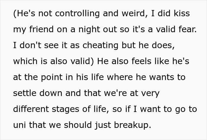 Text excerpt about 30YO boyfriend not wanting 20YO girlfriend to go to uni over fears of cheating and relationship differences.