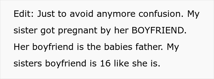 Text explaining a teenage pregnancy situation where a 16-year-old and her boyfriend are the parents, causing family responsibility issues. Text explaining a teenage pregnancy situation where a 16-year-old and her boyfriend are the parents, causing family responsibility issues.