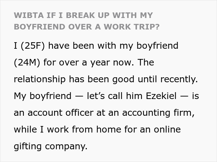 Text excerpt from a woman questioning her relationship after suspicious work trip raises trust issues between her and boyfriend. Text excerpt from a woman questioning her relationship after suspicious work trip raises trust issues between her and boyfriend.
