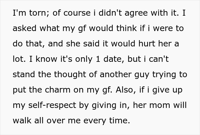 Text about a mom destroying daughter’s happy relationship after sending her on a date, causing emotional conflict.