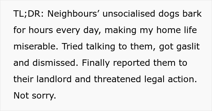 Text about neighbors’ unsocialized dogs barking nonstop, woman taking legal action over noisy dogs, feeling no remorse. Text about neighbors’ unsocialized dogs barking nonstop, woman taking legal action over noisy dogs, feeling no remorse.