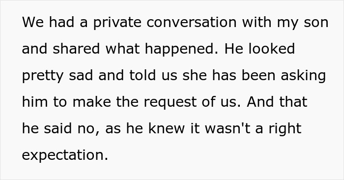 Text message describing a private conversation about a future daughter-in-law's $80,000 wedding demand and prenup request. Text message describing a private conversation about a future daughter-in-law's $80,000 wedding demand and prenup request.
