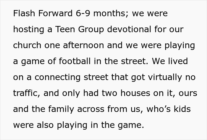 Text passage describing a church teen group devotional playing football on a quiet street with few houses. Text passage describing a church teen group devotional playing football on a quiet street with few houses.