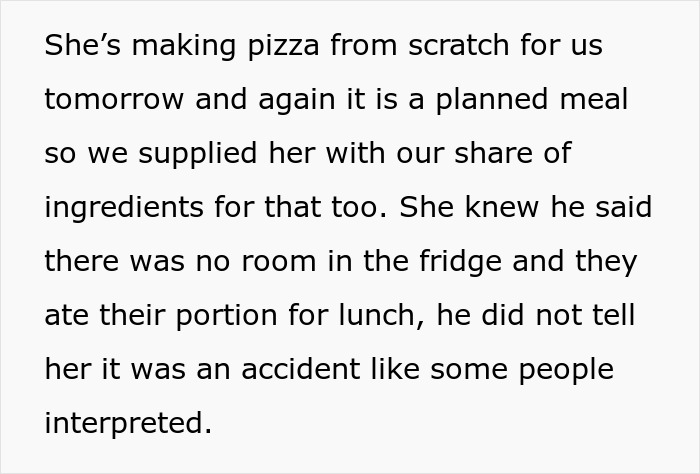 Text excerpt describing a wife making pizza from scratch and a fridge accident involving cooked roasts she prepared. Text excerpt describing a wife making pizza from scratch and a fridge accident involving cooked roasts she prepared.