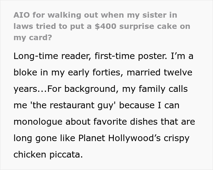 Text conversation about refusing to pay for a surprise cake ordered by sister-in-law behind a rich man's back. Text conversation about refusing to pay for a surprise cake ordered by sister-in-law behind a rich man's back.