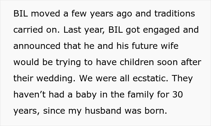 Text excerpt about family traditions and excitement over BIL’s future wife trying to have children soon after wedding, involving woman purposely excluding sick DIL.