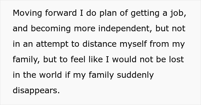 Text discussing plans to become independent and not rely on family, related to mom affair college money dad issues. Text discussing plans to become independent and not rely on family, related to mom affair college money dad issues.