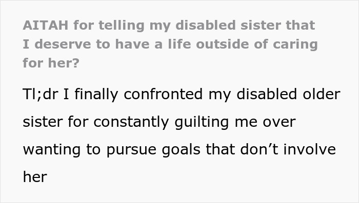 Text excerpt about caretaker snapping at sister after years of sacrificing career, frustrated by constant guilt trips. Text excerpt about caretaker snapping at sister after years of sacrificing career, frustrated by constant guilt trips.
