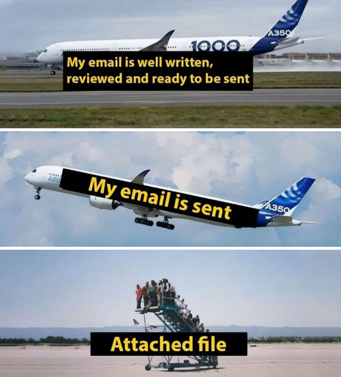 Aviation meme showing the process of sending an email compared to an airplane taking off and an attached file delay.