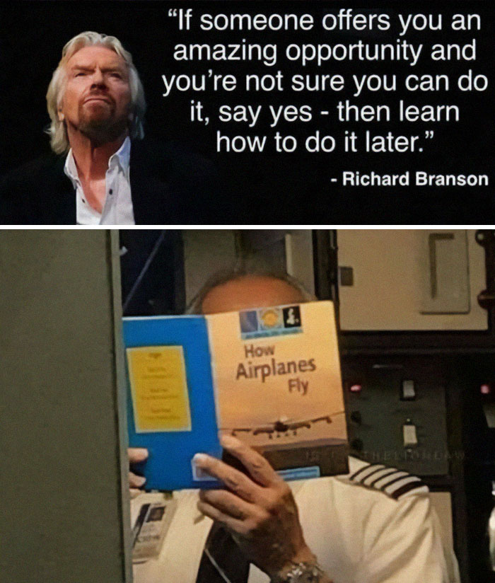 Man in pilot uniform reading a book titled How Airplanes Fly, paired with a motivational Richard Branson quote about opportunity.