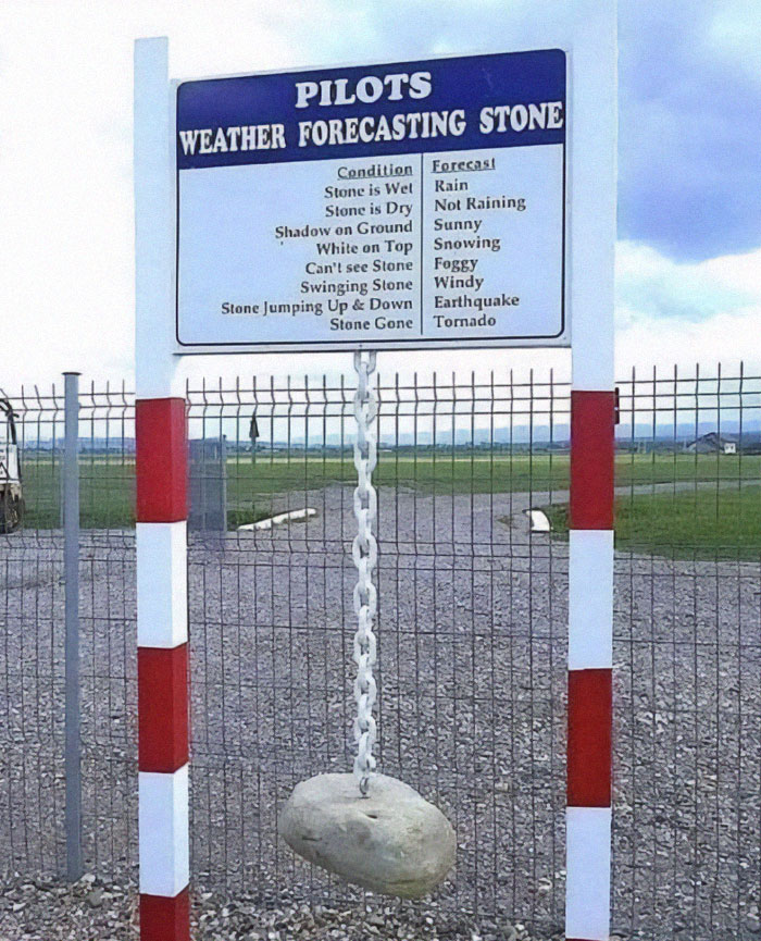 Pilot weather forecasting stone hanging on chain with humorous conditions and forecasts in aviation memes style.
