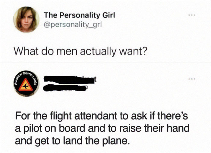 Aviation meme showing a humorous conversation about flight attendants asking pilots to land the plane.
