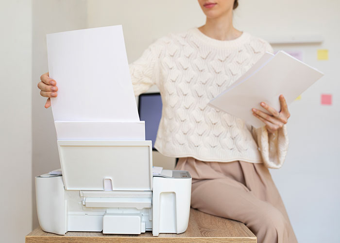 Person using a home printer, holding sheets of paper, capturing a moment that wasn’t what it looked like.