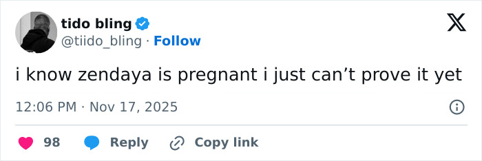 Screenshot of a tweet discussing Zendaya and pregnancy rumors in relation to a leaked video with Tom Holland.