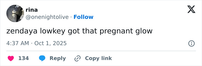 Tweet mentioning Zendaya’s pregnant glow, sparking rumors about her pregnancy with Tom Holland.