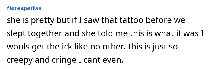 User comment expressing disgust about a woman’s feminist tattoo rule described as creepy and cringe.