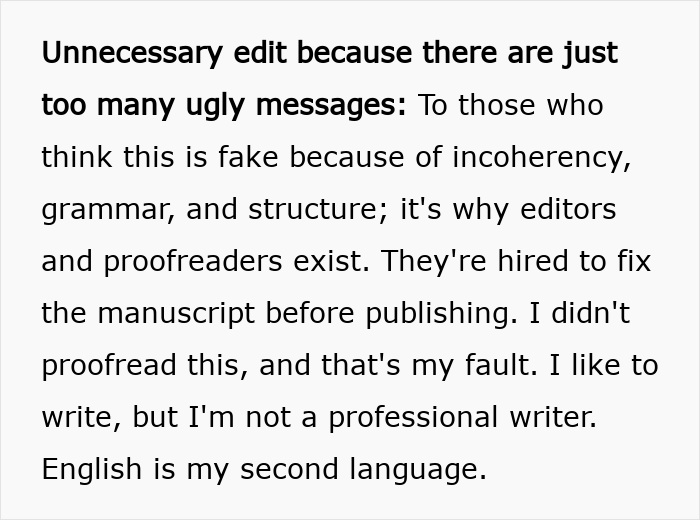 Text excerpt discussing unnecessary edits, grammar, and publishing, related to a woman stealing sister-in-law’s book and publishing it.