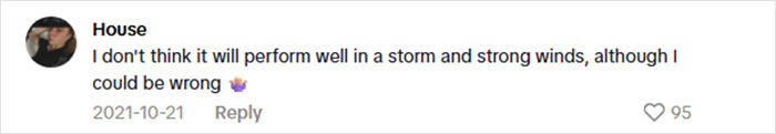 Comment expressing doubt about a $15K cabin in the woods performing well during storms, sparking safety concerns. Comment expressing doubt about a $15K cabin in the woods performing well during storms, sparking safety concerns.