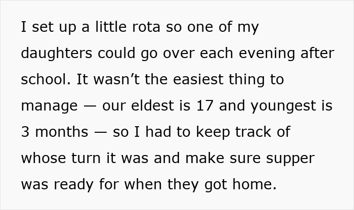 Text about managing a rota for daughters to help after school, related to pregnant SIL pays nieces to help out.