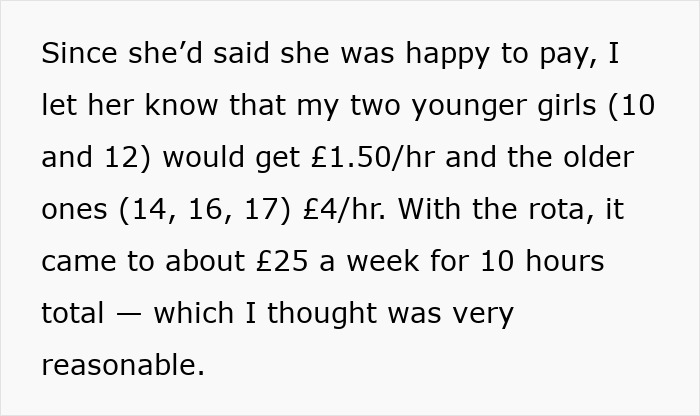 Text excerpt showing payment rates for nieces helping out, related to pregnant SIL paying nieces to help out arrangement.