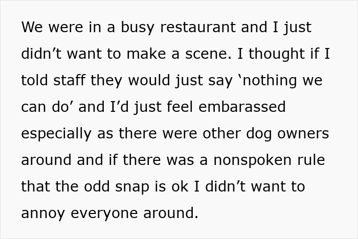 Alt text: Statement describing a mom’s regret about negligent dog owners after her kid was bitten in a busy restaurant. Alt text: Statement describing a mom’s regret about negligent dog owners after her kid was bitten in a busy restaurant.