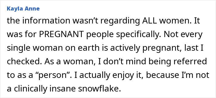 Commenter Kayla Anne discussing pregnancy and gender terminology in a text post responding to an online topic. Commenter Kayla Anne discussing pregnancy and gender terminology in a text post responding to an online topic.