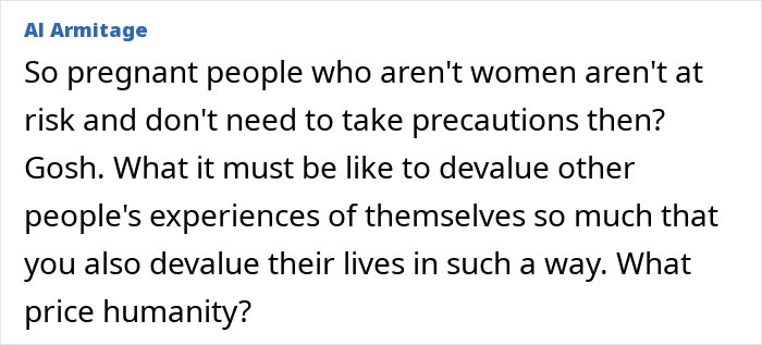 Text screenshot showing a comment discussing pregnant people and devaluation of experiences, related to BBC anchor disciplined for on-air remark aimed at trans people. Text screenshot showing a comment discussing pregnant people and devaluation of experiences, related to BBC anchor disciplined for on-air remark aimed at trans people.