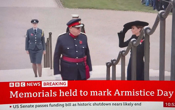 BBC breaking news screen showing Armistice Day memorials with Princess Kate and uniformed officials during the ceremony. BBC breaking news screen showing Armistice Day memorials with Princess Kate and uniformed officials during the ceremony.