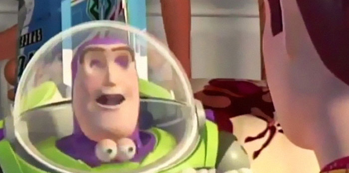 Animated scene of Buzz Lightyear with a distorted face, a humorous unhinged behind-the-scenes photo meme moment.
