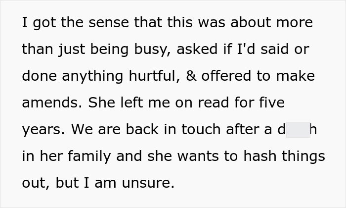Text excerpt explaining a best friend no contact returns after years, discussing past hurt and attempts to make amends. Text excerpt explaining a best friend no contact returns after years, discussing past hurt and attempts to make amends.