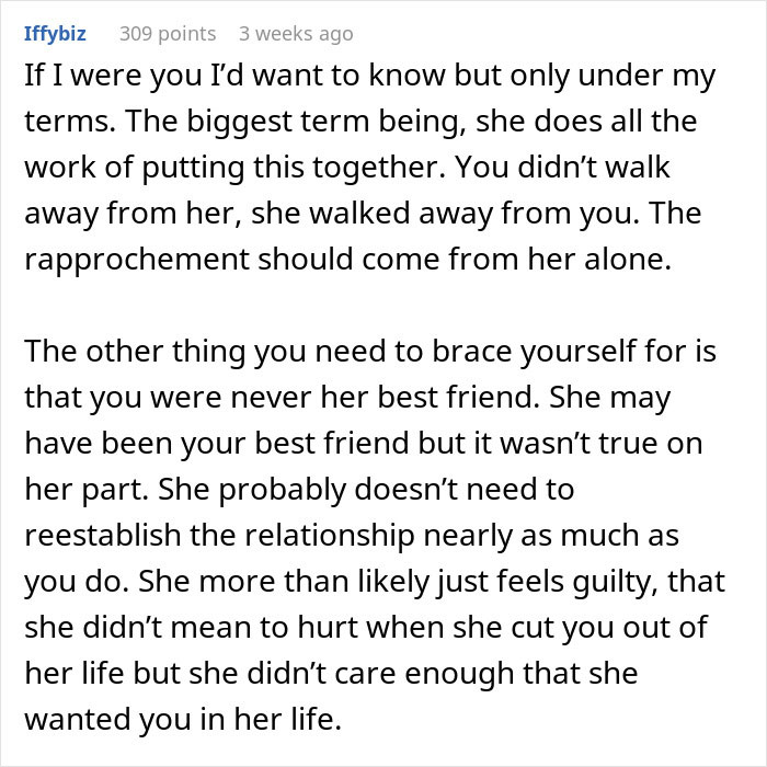 Comment discussing best friend no contact returns, emphasizing who ended the friendship and mixed feelings involved. Comment discussing best friend no contact returns, emphasizing who ended the friendship and mixed feelings involved.