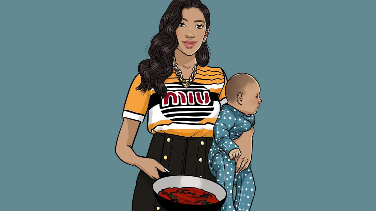 Illustration by Lainey Molnar showing a woman holding a baby and a pan of food challenging societal expectations.