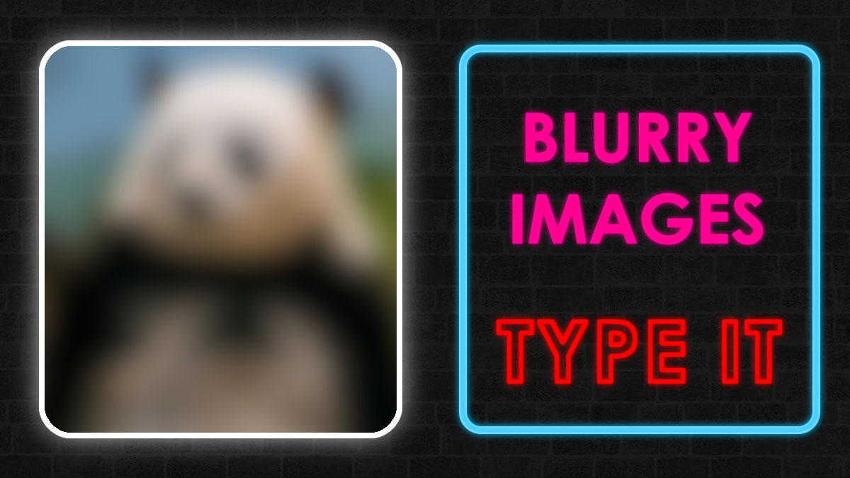 Blurry image challenge displaying a blurred panda on the left and neon text inviting to identify objects and prove visual IQ.