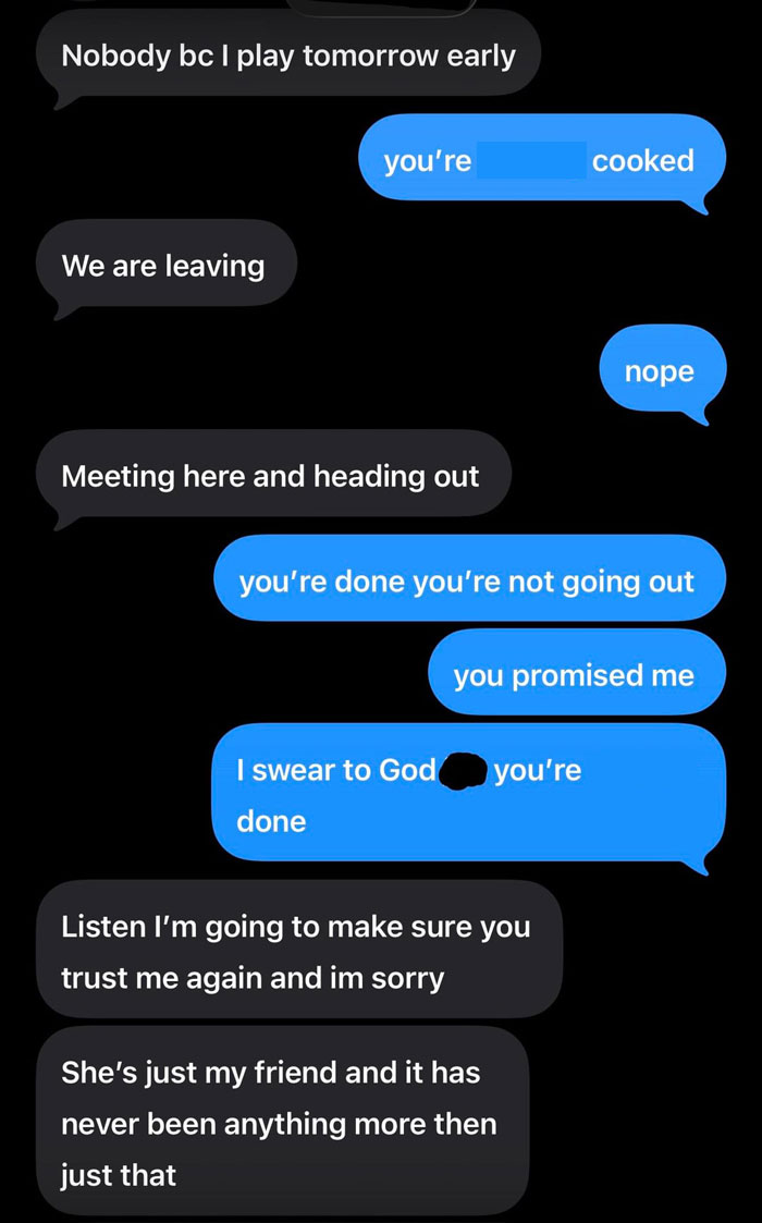 Text messages showing a tense conversation between a woman and her boyfriend about trust and cheating during vacation. Text messages showing a tense conversation between a woman and her boyfriend about trust and cheating during vacation.