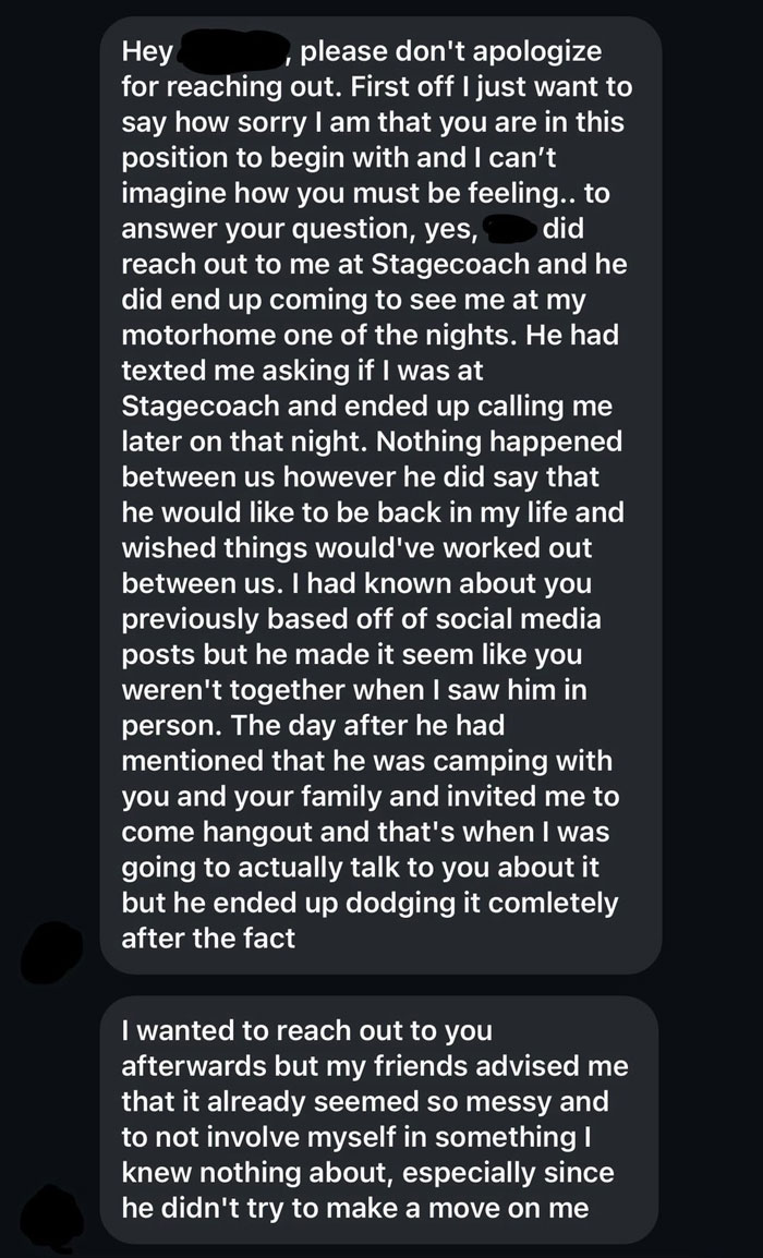 Text message revealing details about a boyfriend cheating while on vacation, explaining mixed interactions and emotions. Text message revealing details about a boyfriend cheating while on vacation, explaining mixed interactions and emotions.