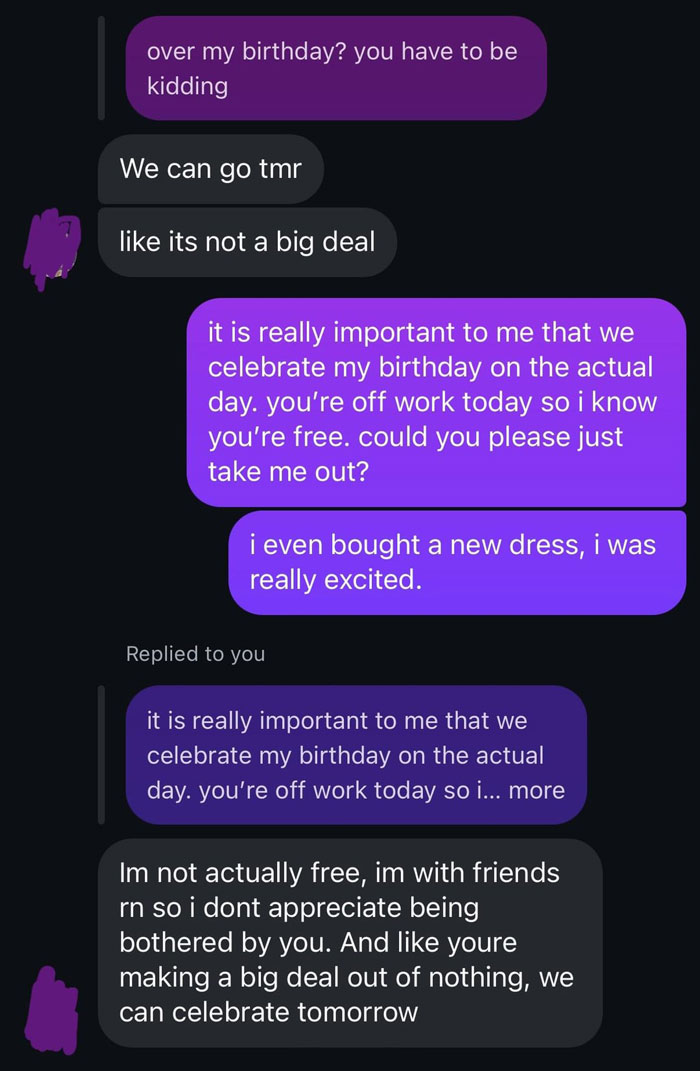 Text message conversation showing a guy forgetting girlfriend’s birthday and demanding apologies for bothering him. Text message conversation showing a guy forgetting girlfriend’s birthday and demanding apologies for bothering him.