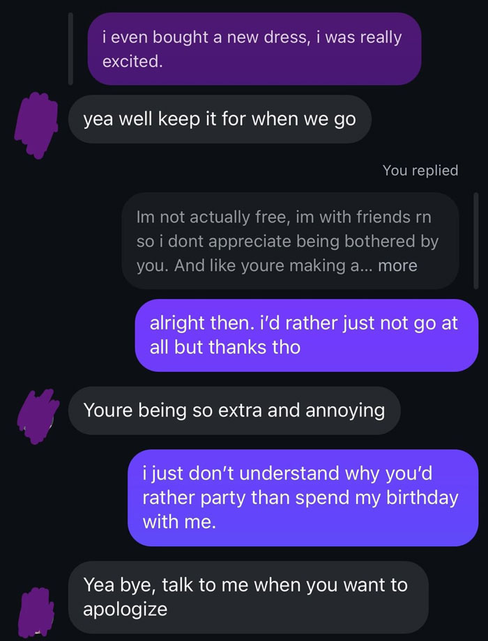 Text message conversation showing a guy ignoring his girlfriend’s birthday and demanding apologies for bothering him. Text message conversation showing a guy ignoring his girlfriend’s birthday and demanding apologies for bothering him.