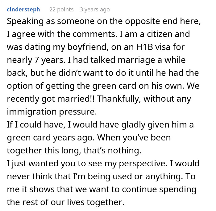 Commenter sharing perspective on dating, marriage, and immigration challenges while on an H1B visa in a detailed online discussion. Commenter sharing perspective on dating, marriage, and immigration challenges while on an H1B visa in a detailed online discussion.