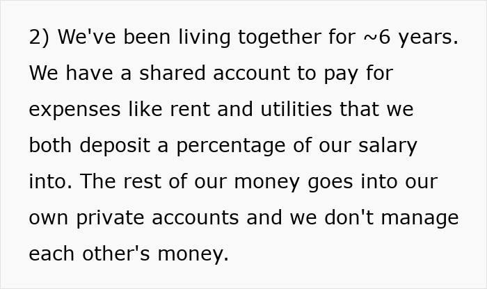 Text excerpt about a woman managing finances in a shared account while living together for six years. Text excerpt about a woman managing finances in a shared account while living together for six years.