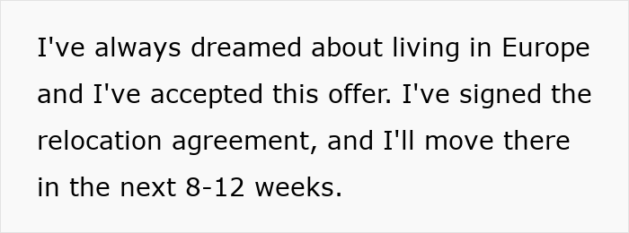 Text on white background about relocating to Europe, expressing excitement to start a new life after signing a relocation agreement. Text on white background about relocating to Europe, expressing excitement to start a new life after signing a relocation agreement.
