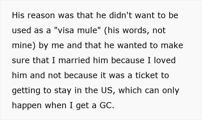Text excerpt explaining a man’s reason for not wanting to be used as a visa mule while discussing staying in the US and marriage. Text excerpt explaining a man’s reason for not wanting to be used as a visa mule while discussing staying in the US and marriage.