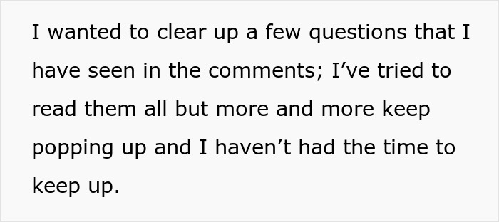 Text on screen about clearing up questions in comments, related to bride mad cousin dress wedding situation. Text on screen about clearing up questions in comments, related to bride mad cousin dress wedding situation.