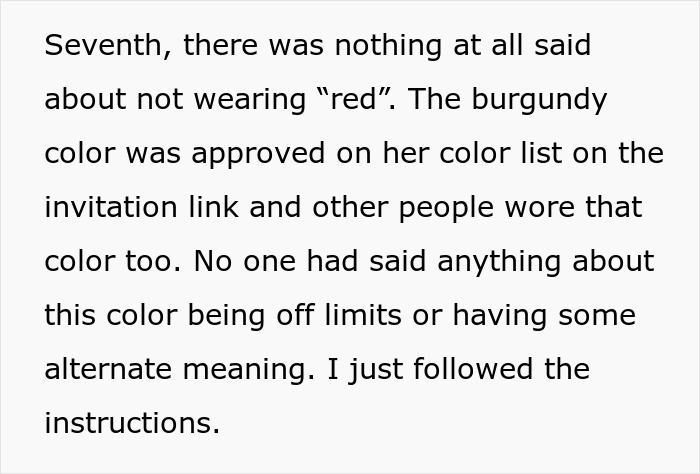 Text excerpt discussing following a burgundy dress code at a wedding and a bride's mad cousin over dress choices. Text excerpt discussing following a burgundy dress code at a wedding and a bride's mad cousin over dress choices.