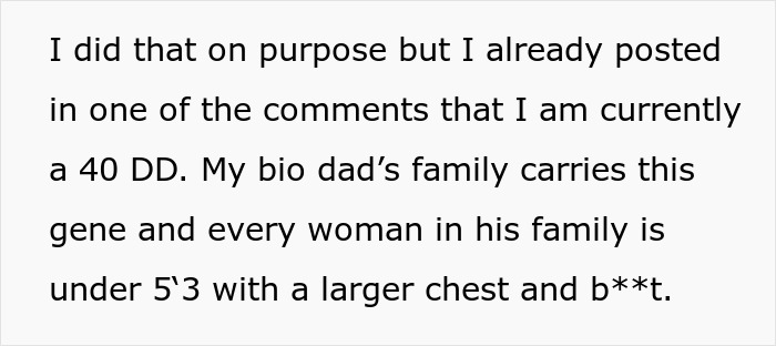 Text excerpt discussing family genetics related to body size and chest, relevant to bride mad cousin dress wedding situation. Text excerpt discussing family genetics related to body size and chest, relevant to bride mad cousin dress wedding situation.