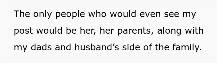 Text post about family drama involving bride, mad cousin, and wedding dress shared privately among relatives. Text post about family drama involving bride, mad cousin, and wedding dress shared privately among relatives.