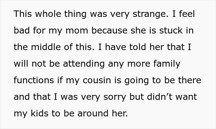 Text describing a bride mad at her cousin’s wedding dress, causing family tension and impact on attendance. Text describing a bride mad at her cousin’s wedding dress, causing family tension and impact on attendance.