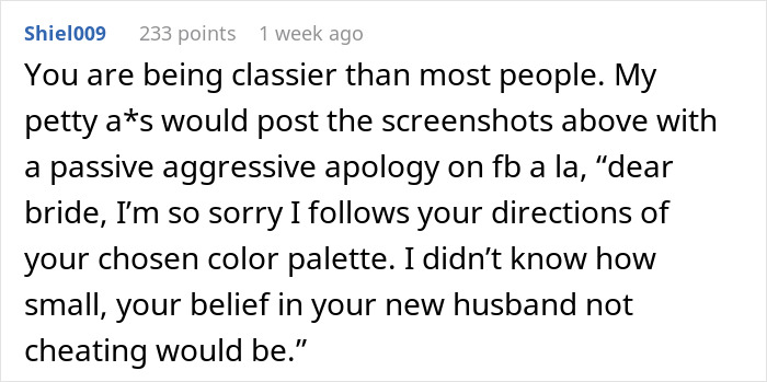 Comment criticizing a cousin wearing the wrong dress color at a wedding, showing bride-mad cousin dress wedding tension. Comment criticizing a cousin wearing the wrong dress color at a wedding, showing bride-mad cousin dress wedding tension.